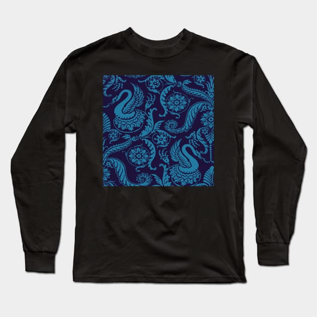 Teal on Navy Classy Medieval Damask Swans Long Sleeve T-Shirt by JamieWetzel